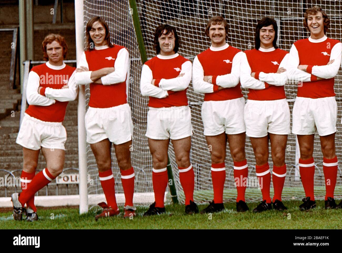 The Arsenal team line-up for the camera (L-R) Alan Ball (in his white boots), Charlie George (in his red boots), George Armstrong, Eddie Kelly, Peter Marinello and Sammy Nelson Stock Photo