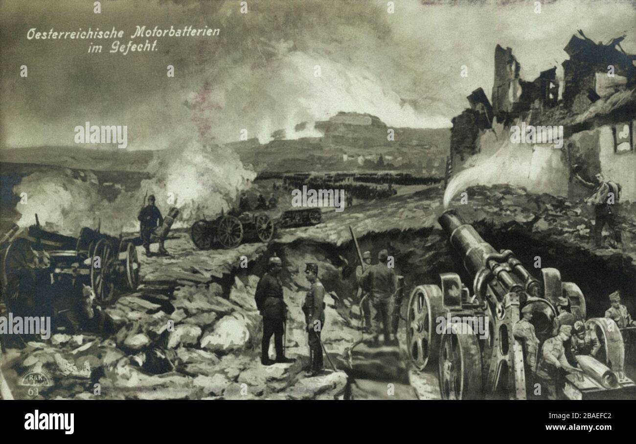 The First World War. Austrian motor batteries in the battle. Stock Photo