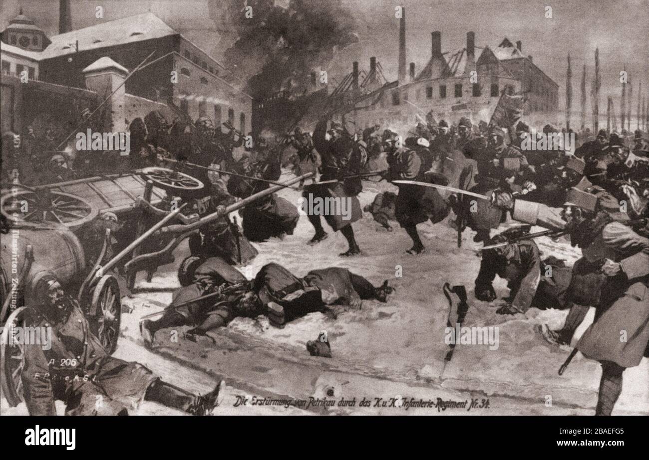 The First World War period. Eastern Front. The assault of Petrikau (a city in central Poland) by the Austrian infantry Regiment. Stock Photo