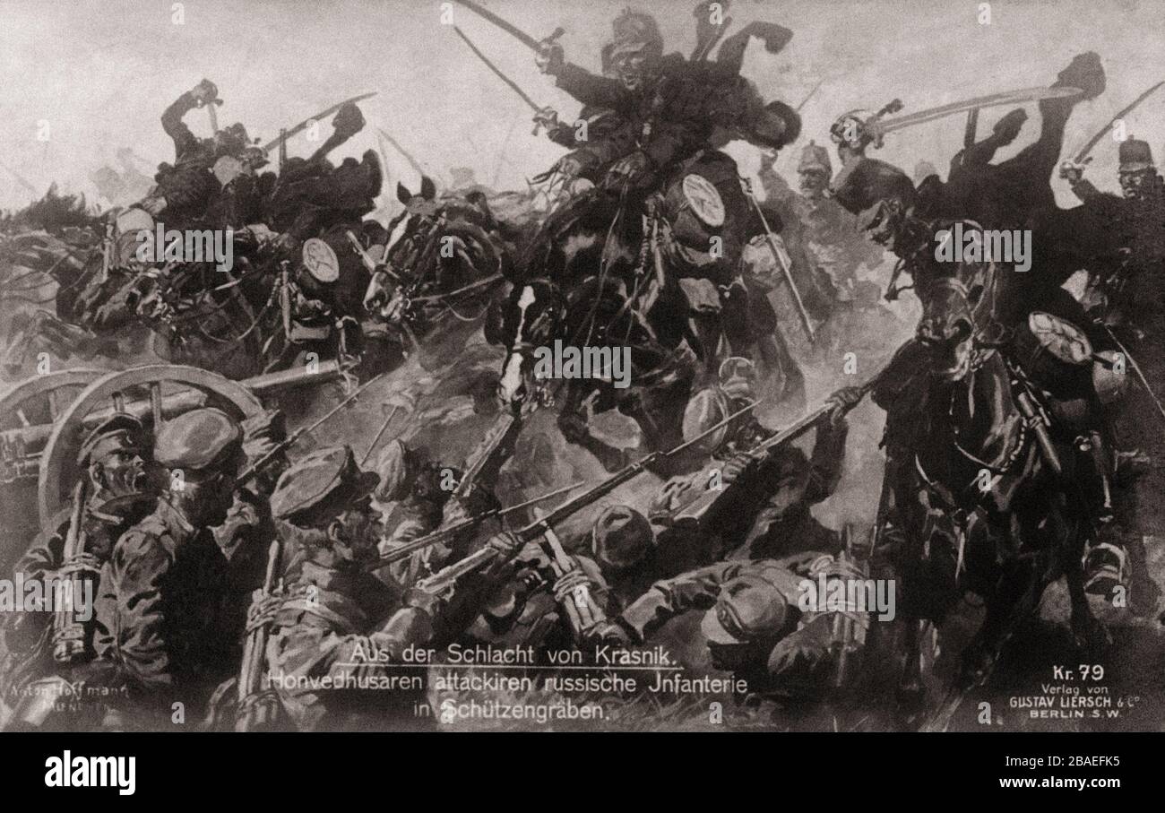 The First World War period. Eastern Front. Honved hussars attckiren Russian infantry in trenches. Stock Photo