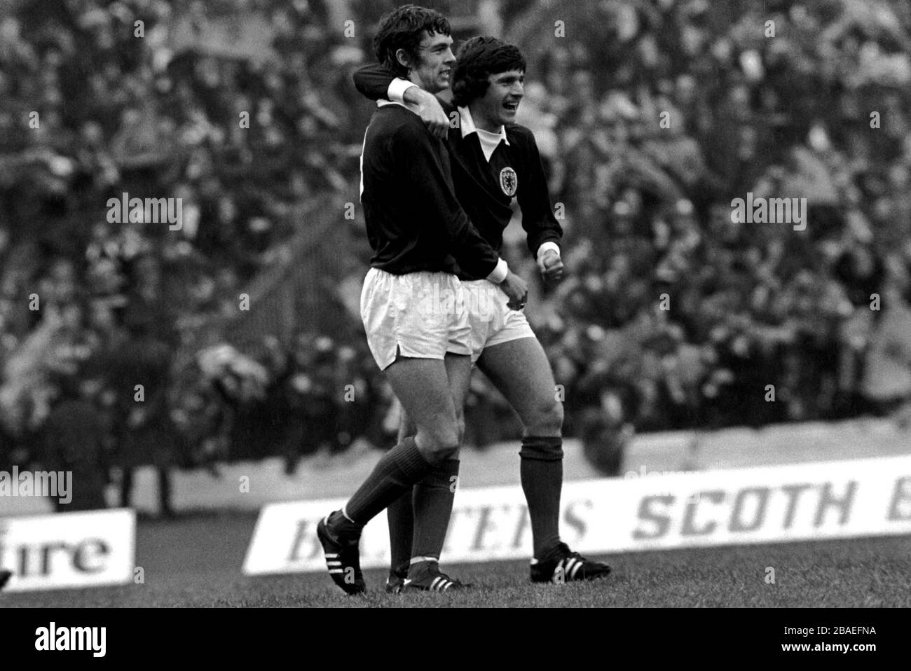 Scotland's Joe Jordan celebrates with teammate Peter Lorimer Stock Photo -  Alamy