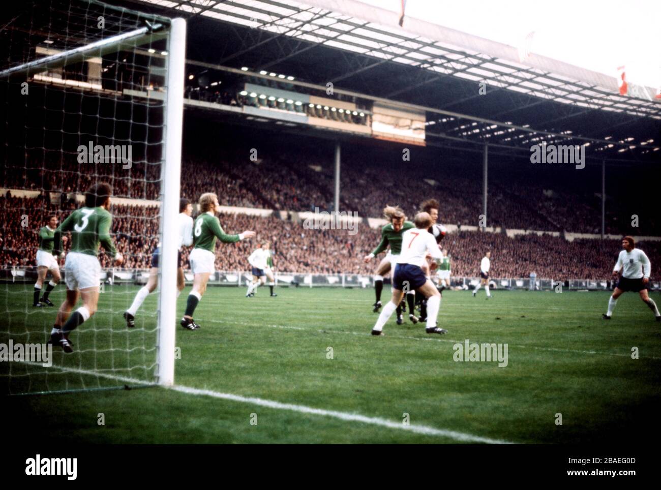 West Germany goalkeeper Sepp Maier (second r) saves from England's ...
