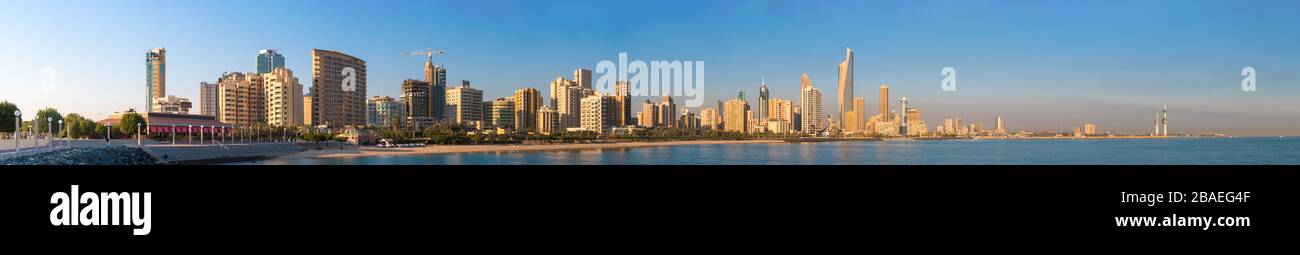 Kuwait City, Kuwait - 21-11-2019 - Panorama view from deck on a clear morning - skyscrapers, sea and restaurants Stock Photo