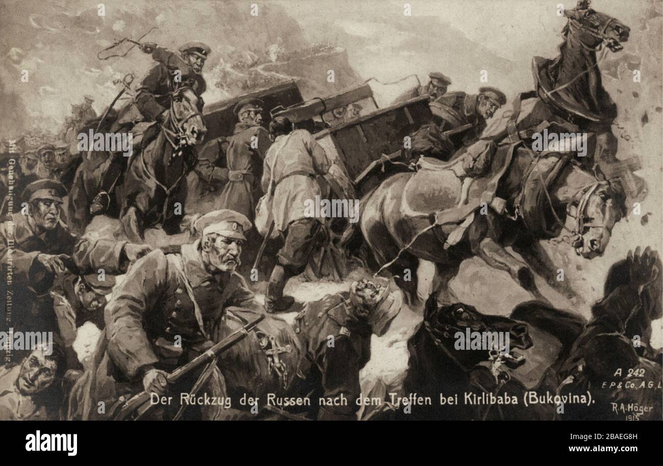 The First World War period. The retreat of the Russians after the fight at Kirlibaba (Bukovina). German propaganda postcard. Stock Photo
