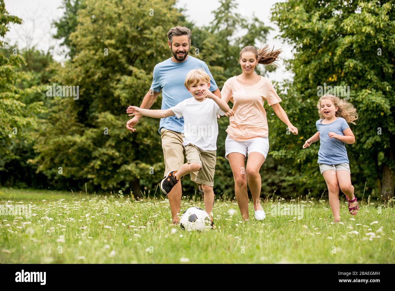 Family and children play soccer together in the garden in summer Stock