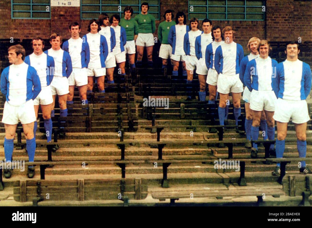 (L-R) Birmingham City team: Ray Martin, Tommy Carroll, Gordon Taylor, Bob Hatton, Trevor Francis, Bob Latchford, Malcolm Page, Mike Kelly, Dave Latchford, Paul Cooper, Alan Campbell, Gary Pendrey, Roger Hynd, Phil Summerill, Dave Robinson, George Smith, Keith Bowker and Stan Harland. Stock Photo