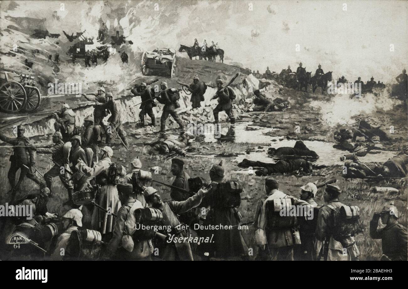 The First World War. The Battle of the Yser. Transition of the Germans on Yser kanal. Stock Photo