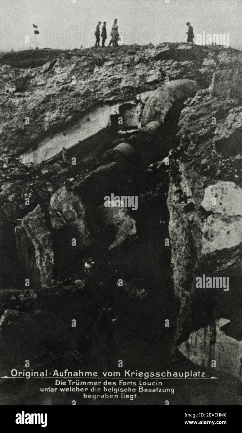 Old image of World War I period. The ruins of Fort Loucin, under which the Belgian defenders are buried. Stock Photo