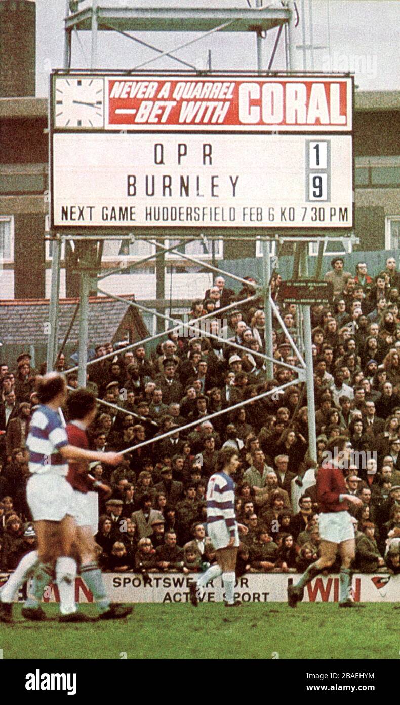 The Loftus Road scoreboard shows that Burnley have an unassailable 9-1 lead after just 17 minutes - it should read 1-0 Stock Photo