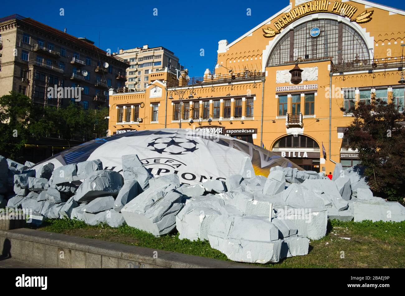 Kyiv, Ukraine - May, 2018: UEFA Champions League logo banner near Besarabsky Market building on Khreshcatyk street near fan zone in Kiev Stock Photo