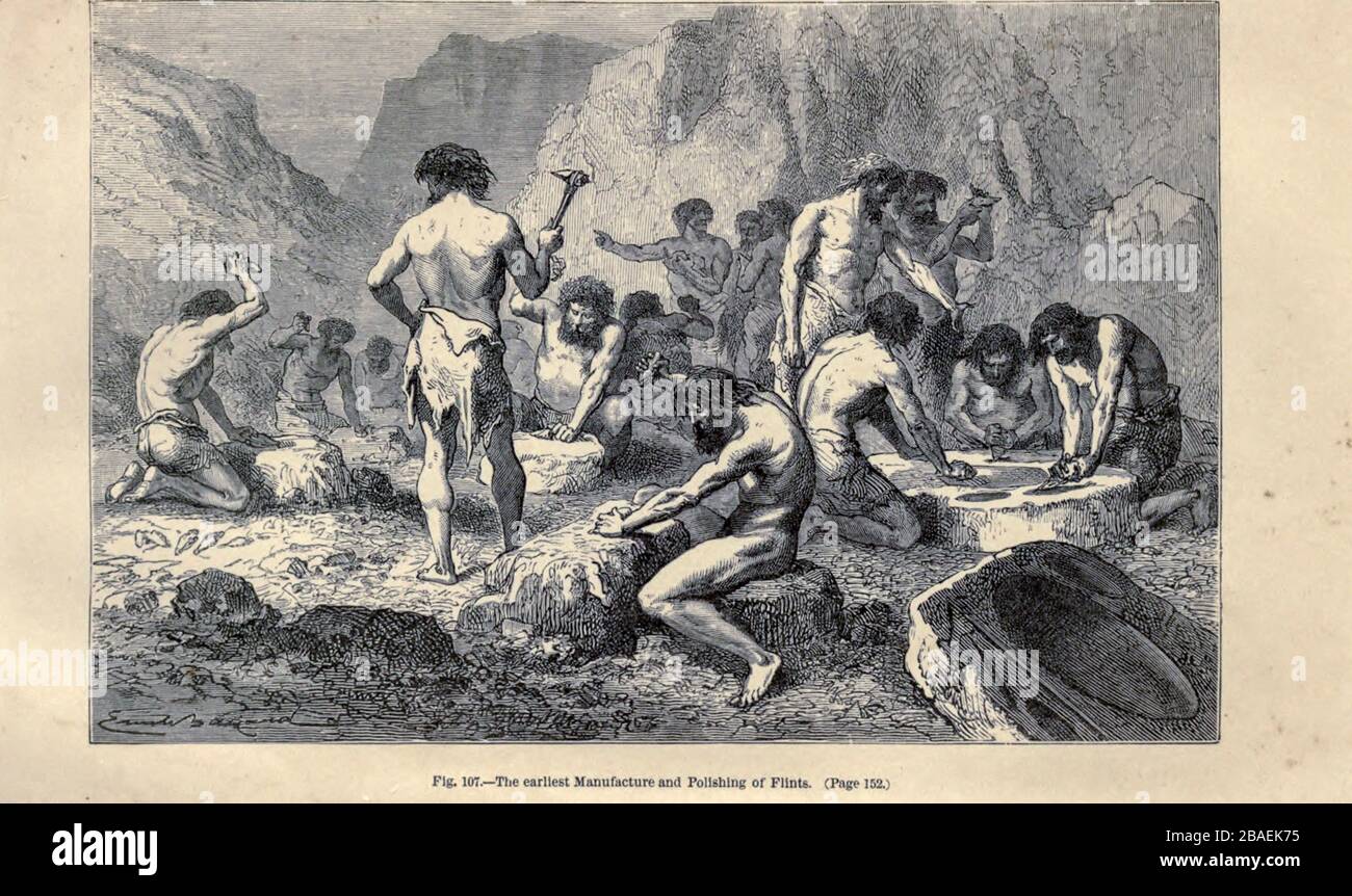 Early humans working flint, according to the French illustrator Emile Bayard (1837-1891), illustration Artwork published in Primitive Man by Louis Figuier (1819-1894), Published in London by Chapman and Hall 193 Piccadilly in 1870 Stock Photo