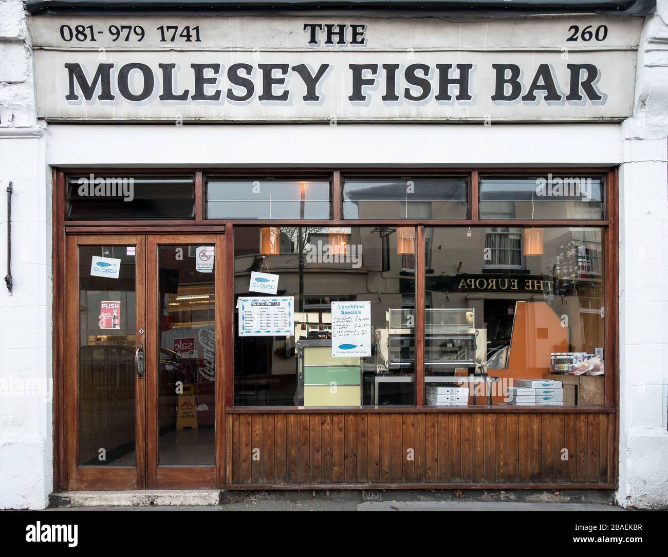 East Molesey, United Kingdom - 19 January, 2015: Molesey Fish Bar, a traditional and popular fish and chip shop in the high street of East Molesey, ab Stock Photo