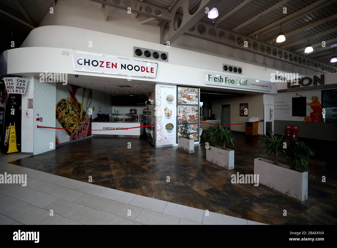 Closed Chozen Noodle and Fresh Food Cafe food outlets at the Strensham Services on the M5 motorway in Worcestershire as the UK continues in lockdown to help curb the spread of the coronavirus. Stock Photo