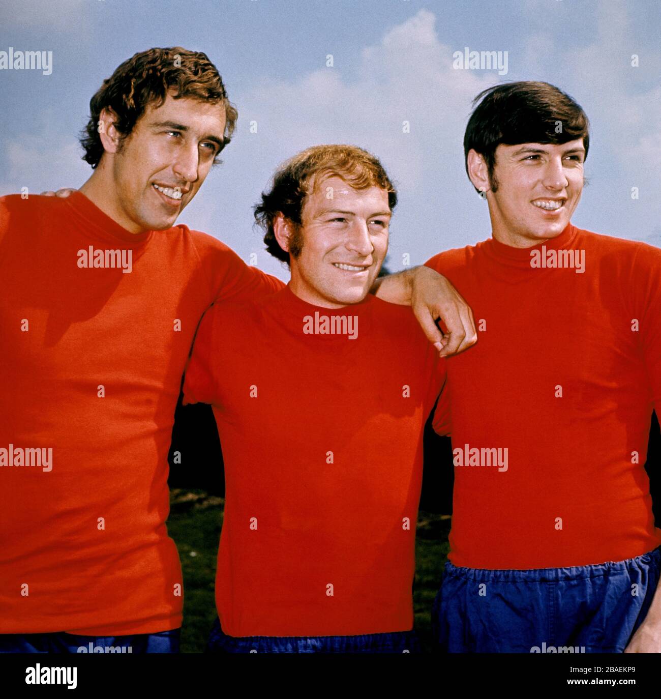 England's Martin Chivers, Ralph Coates and Martin Peters take a break from training Stock Photo