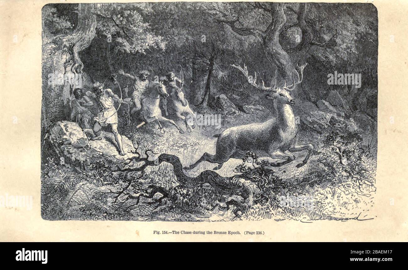 Bronze Age hunting according to the French illustrator Emile Bayard (1837-1891), illustration Artwork published in Primitive Man by Louis Figuier (1819-1894), Published in London by Chapman and Hall 193 Piccadilly in 1870 Stock Photo
