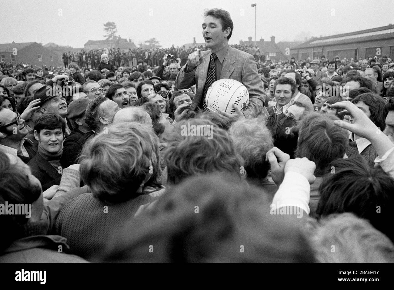 File photo dated 11-02-1975 of Nottingham Forest manager Brian Clough addressing the crowd before the Royal Shrovetide Football Match in Ashbourne. Stock Photo