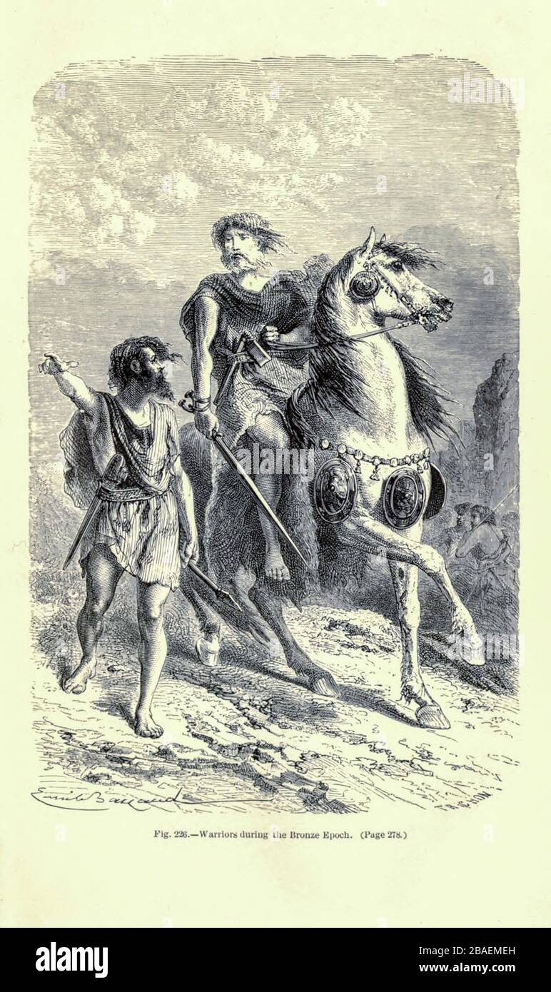 Bronze Age warriors according to the French illustrator Emile Bayard (1837-1891), illustration Artwork published in Primitive Man by Louis Figuier (1819-1894), Published in London by Chapman and Hall 193 Piccadilly in 1870 Stock Photo