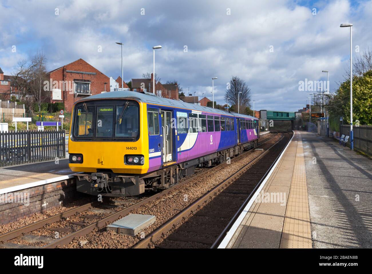 Northern rail class 144 pacer train 144013 at  Elsecar  railway station (south Yorkshire) Stock Photo