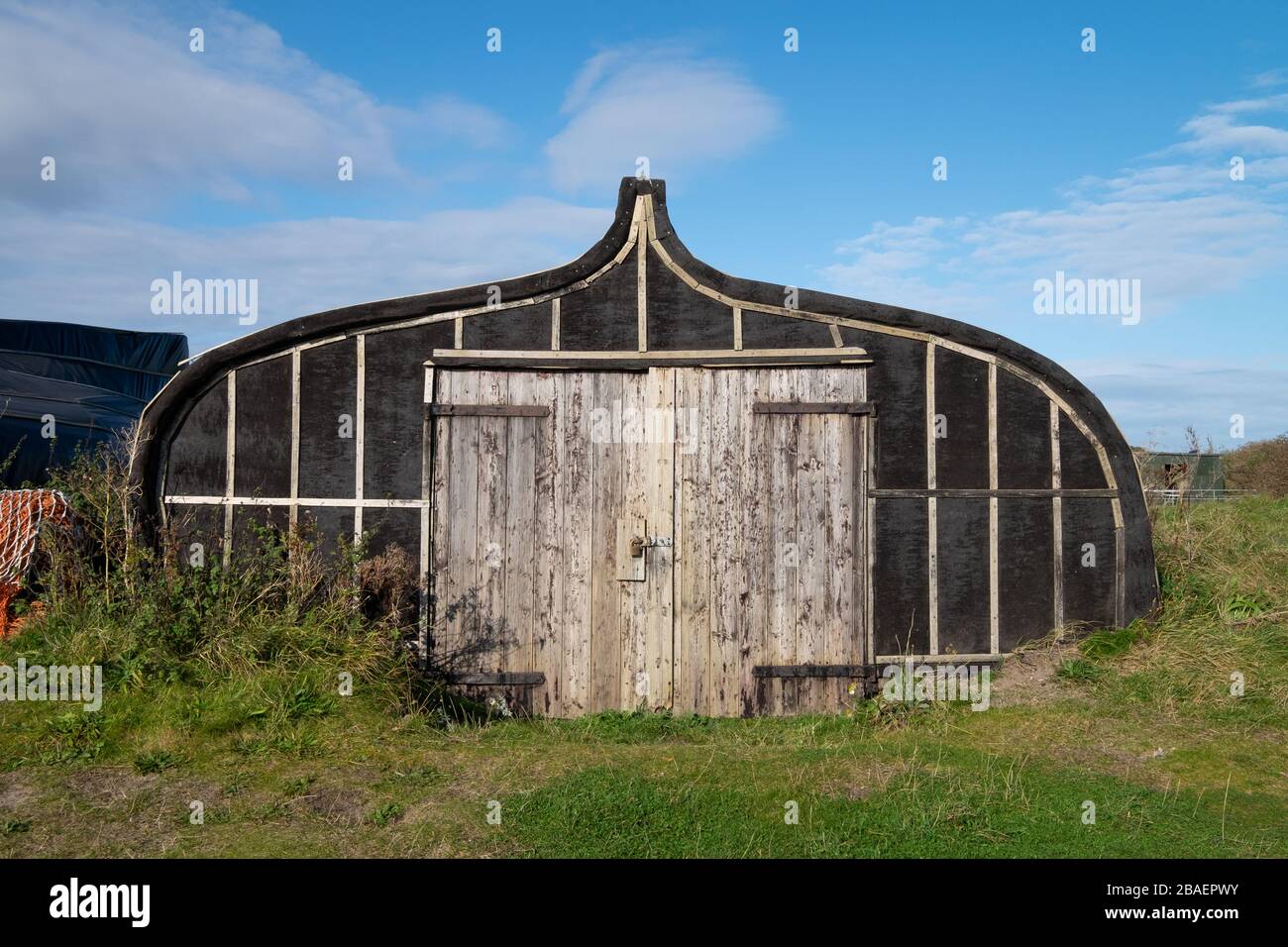Lindisfarne Fishing Boat shed; Holy Island; Northumberland; England; Stock Photo