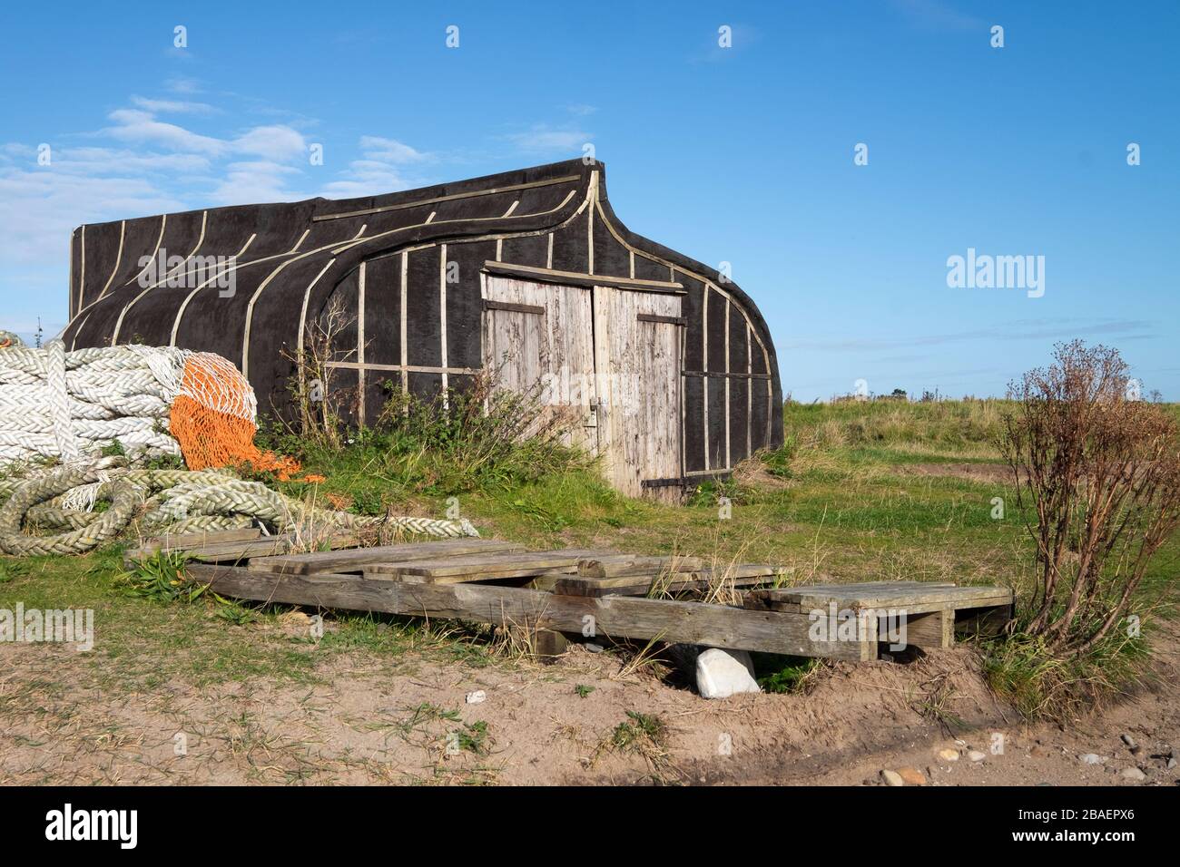 Lindisfarne Fishing Boat shed; Holy Island; Northumberland; England; Stock Photo