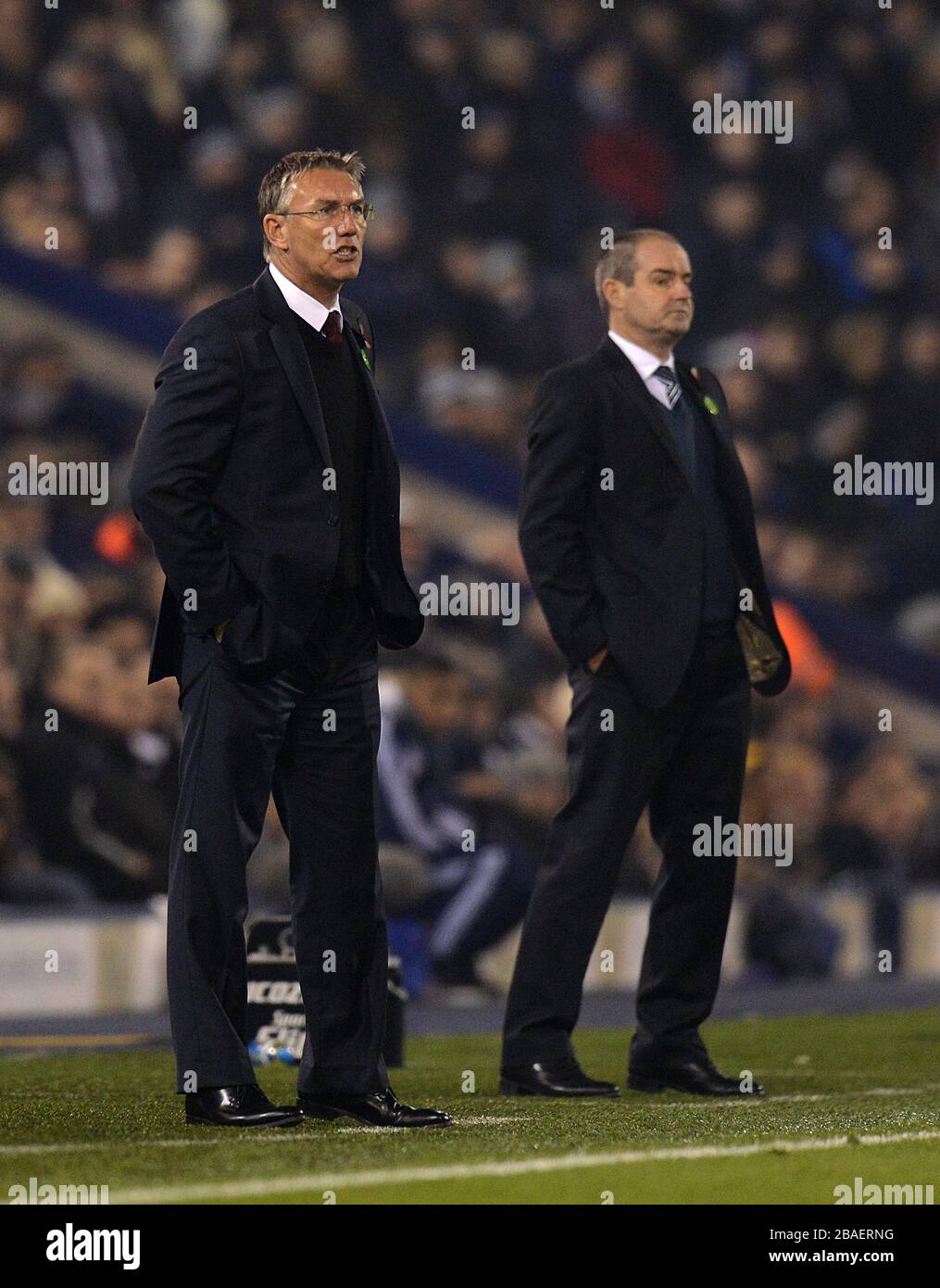 Southampton's manager Nigel Adkins (left) and West Bromwich Albion's manager Steve Clarke on the touchline. Stock Photo
