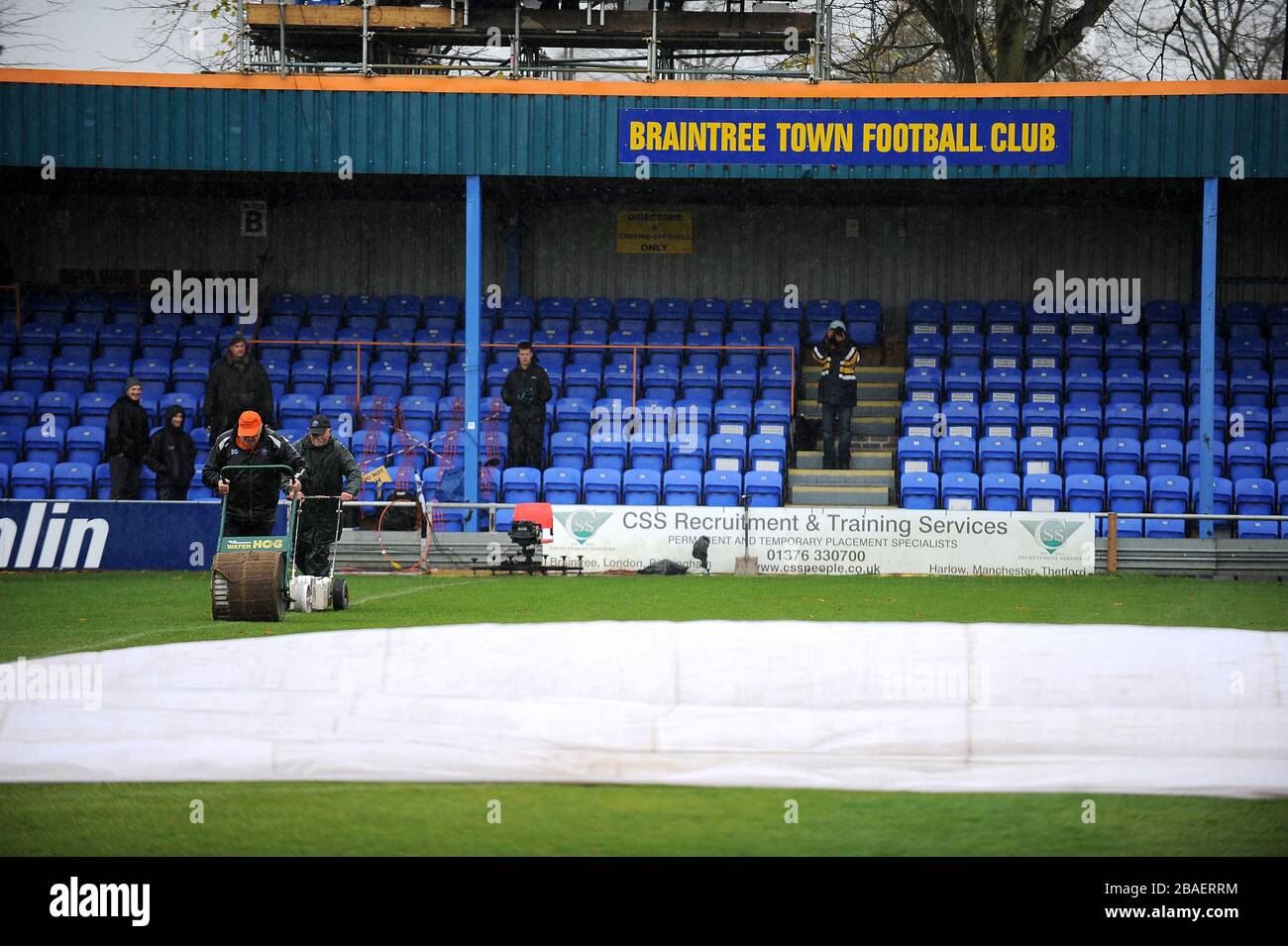 A general view of a waterlogged Cressing Road, home of Braintree Town ...