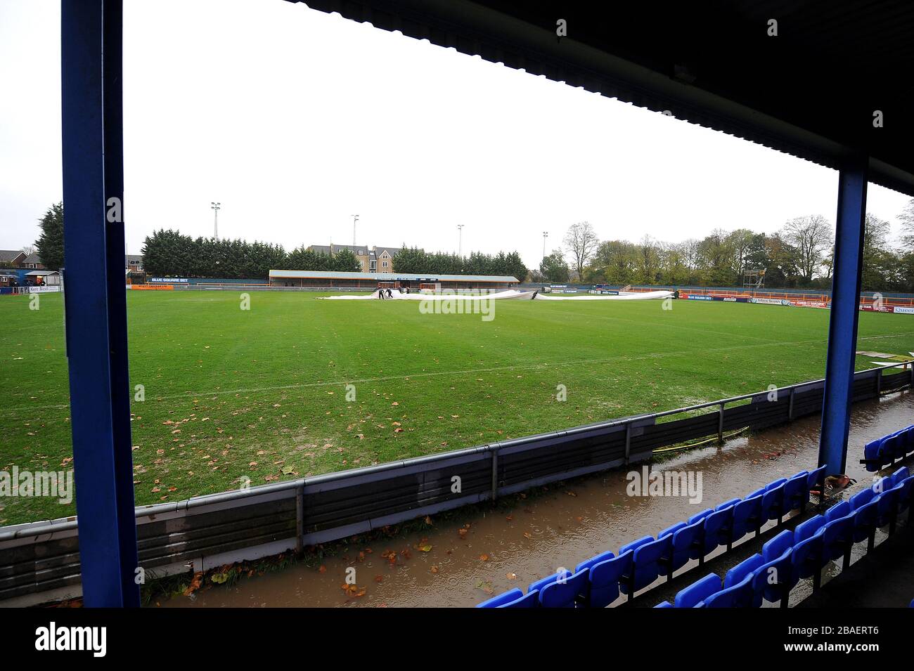 A general view of a waterlogged Cressing Road, home of Braintree Town ...