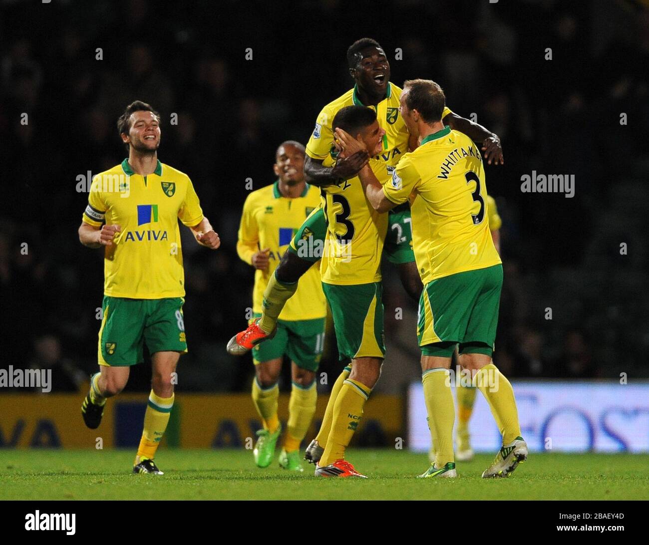 Norwich City's players celebrate their equalising goal after a shot by Alex Tettey (2nd right) was deflected in by Tottenham Hotspur's Jan Vertonghen. Stock Photo