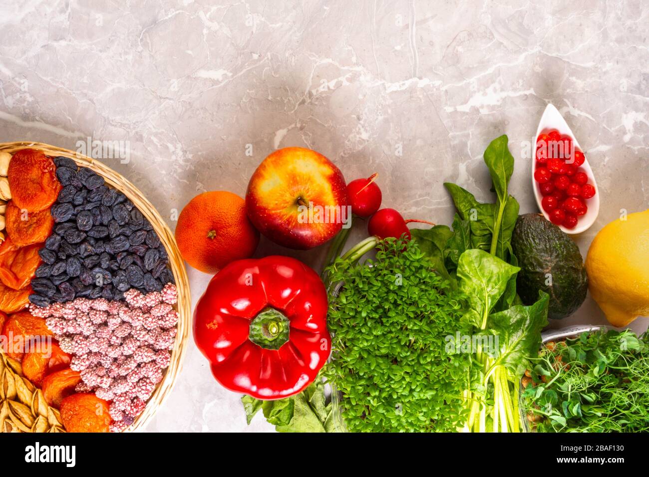 Healthy food clean eating selection, vegetables, fruits, sprouts