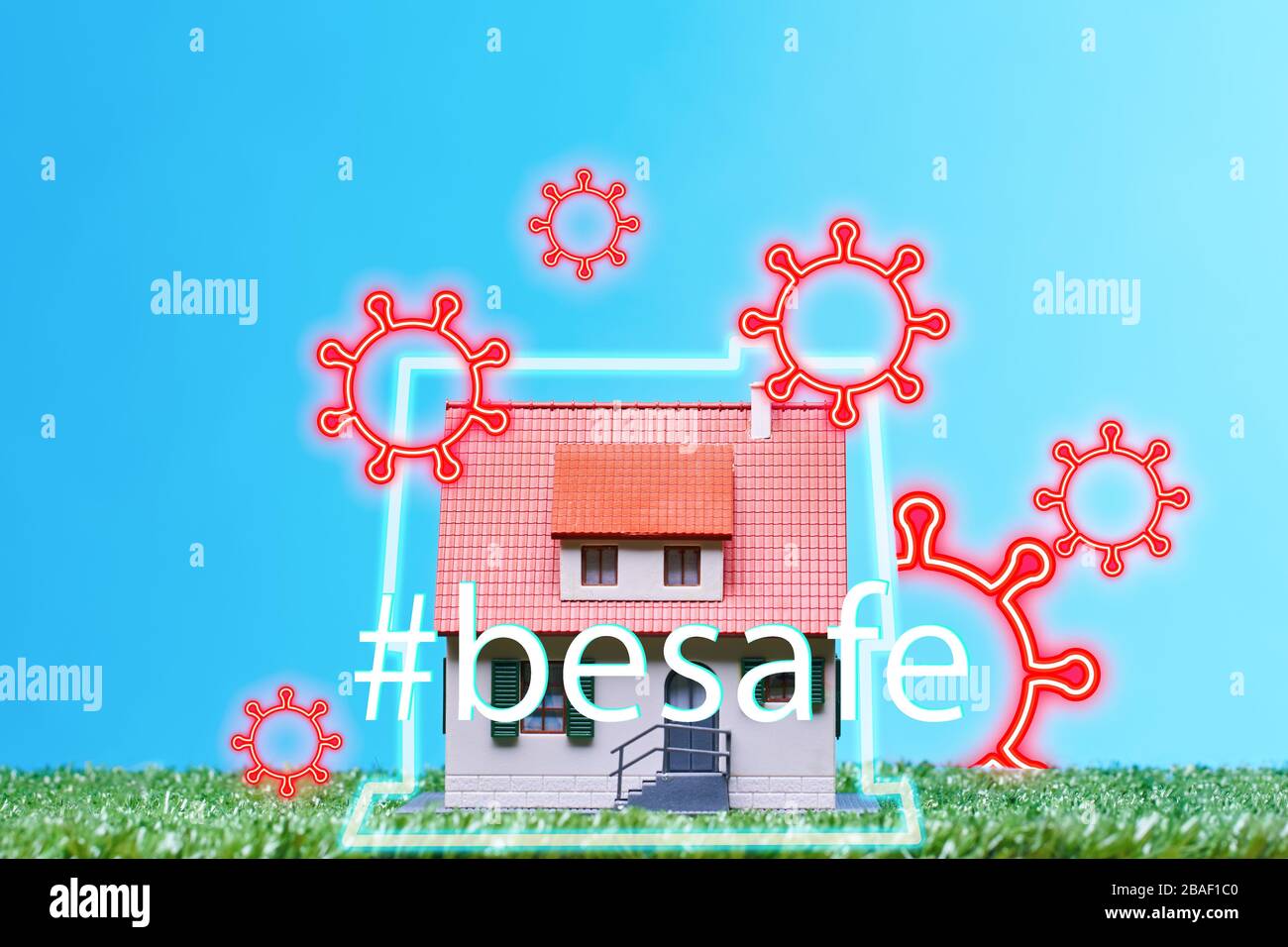 House is protected from attack coronavirus. Concept of staying at home, quarantine, being safe inside the house. Prevention measures from the Covid-19 Stock Photo
