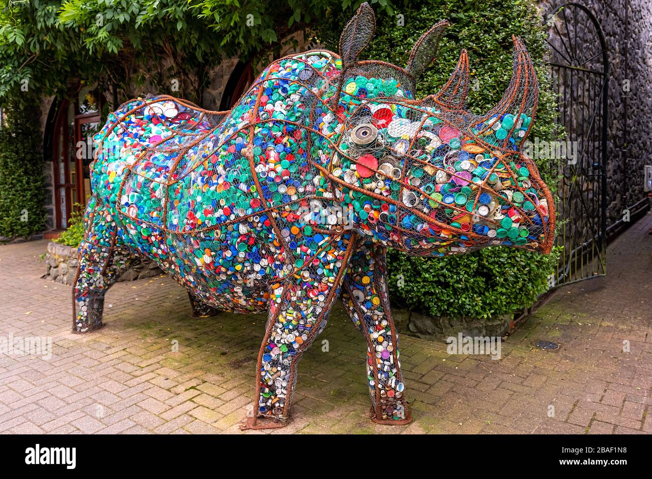 Edith the Rhinocerous sculpture part of The Comunity art Project created by Jacha.. Filled with discarded container tops of varous sizes and colours. Stock Photo