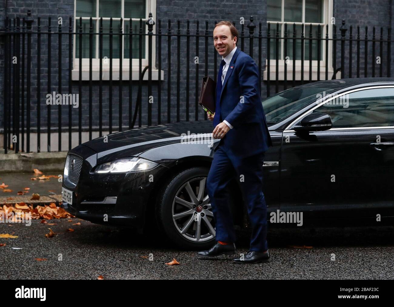 (200327) -- LONDON, March 27, 2020 (Xinhua) -- File photo taken on Nov. 20, 2018 shows British Health Secretary Matt Hancock arriving at 10 Downing Street for a cabinet meeting in London, Britain. Matt Hancock on Friday said he has tested positive for COVID-19 after Prime Minister Boris Johnson was confirmed to have the novel coronavirus. (Xinhua/Han Yan) Stock Photo