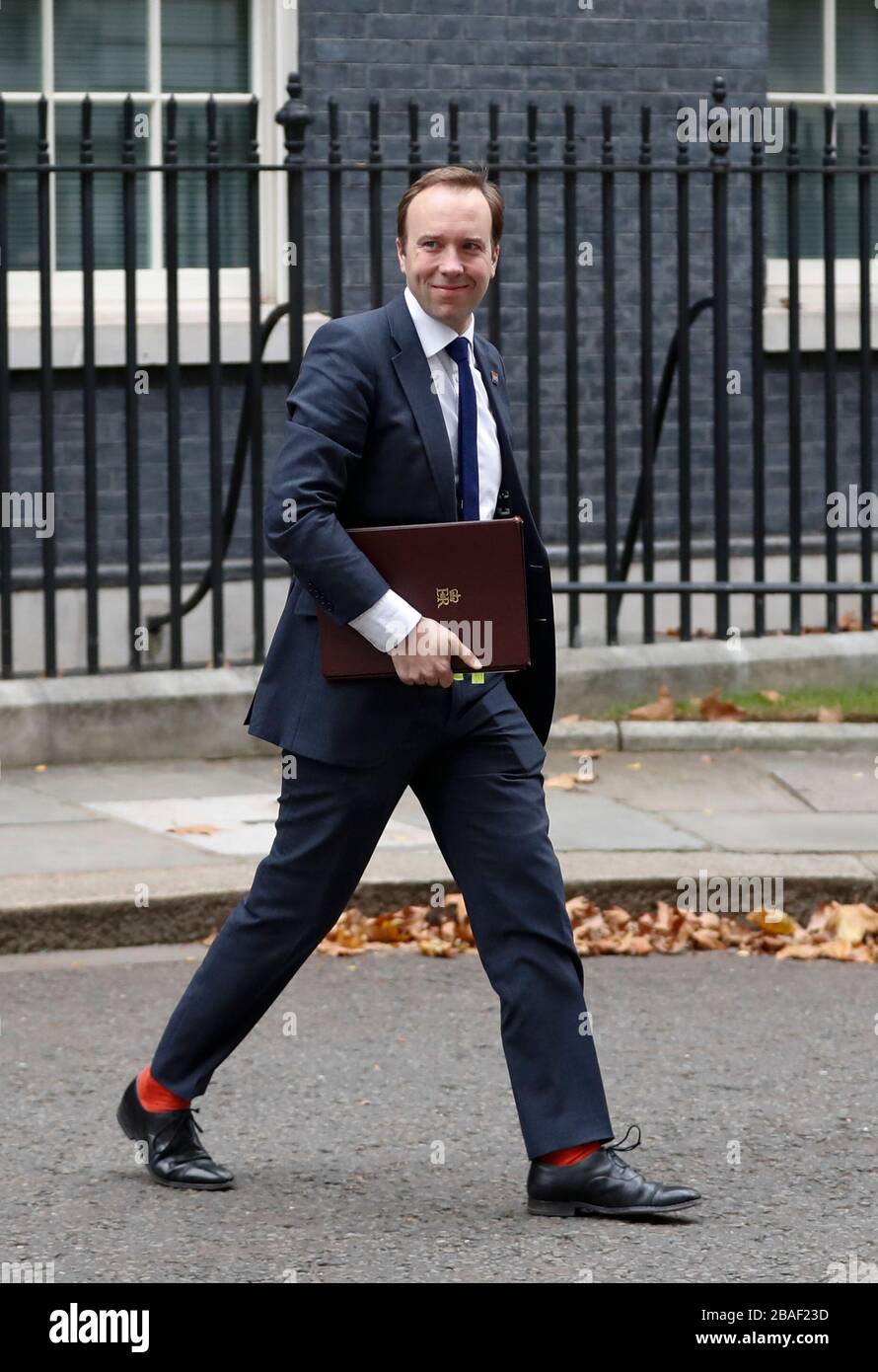 (200327) -- LONDON, March 27, 2020 (Xinhua) -- File photo taken on Nov. 26, 2018 shows British Health Secretary Matt Hancock leaving 10 Downing Street after a cabinet meeting in London, Britain. Matt Hancock on Friday said he has tested positive for COVID-19 after Prime Minister Boris Johnson was confirmed to have the novel coronavirus. (Xinhua/Han Yan) Stock Photo