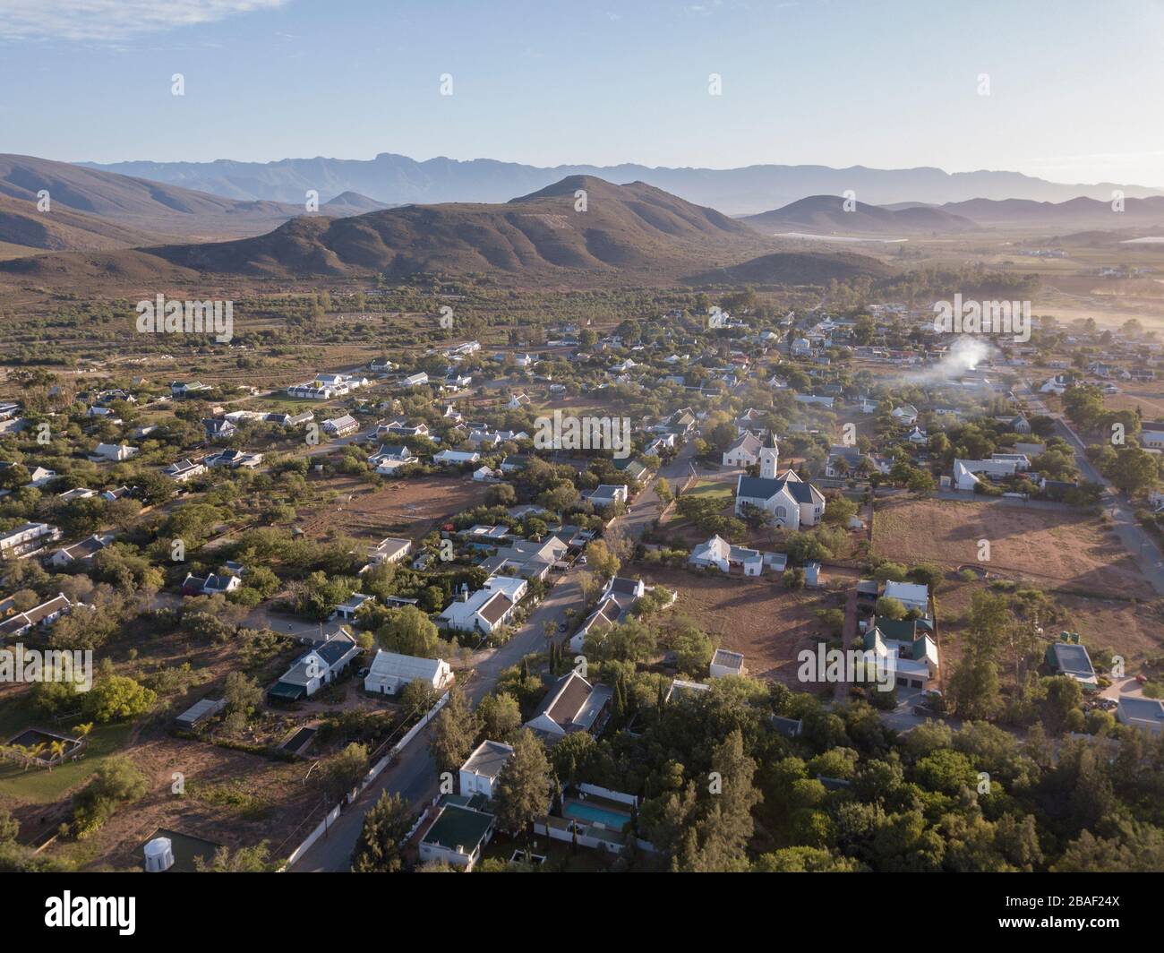 Aerial over small town village, in South Africa, Mcgregor Stock Photo