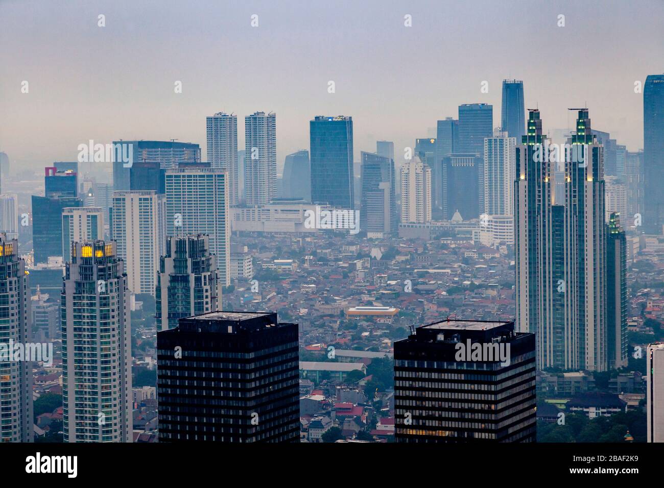 An Elevated View Of The Jakarta Skyline, Jakarta, Indonesia Stock Photo