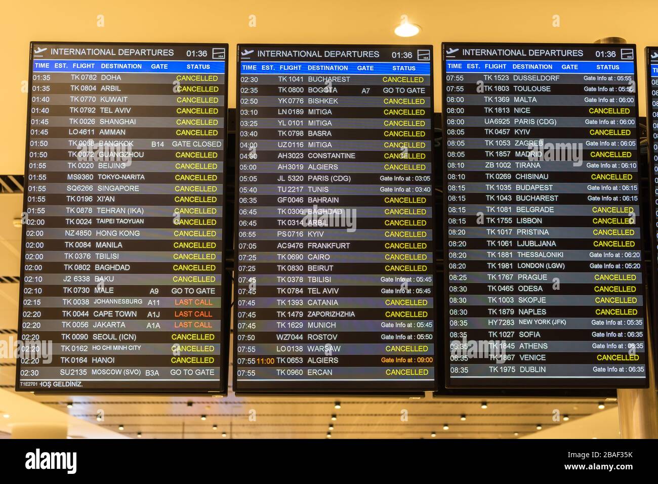 Istanbul, Turkey – March 20, 2020. Screen showing that almost all international departures from Istanbul Airport are canceled n the wake of global cor Stock Photo