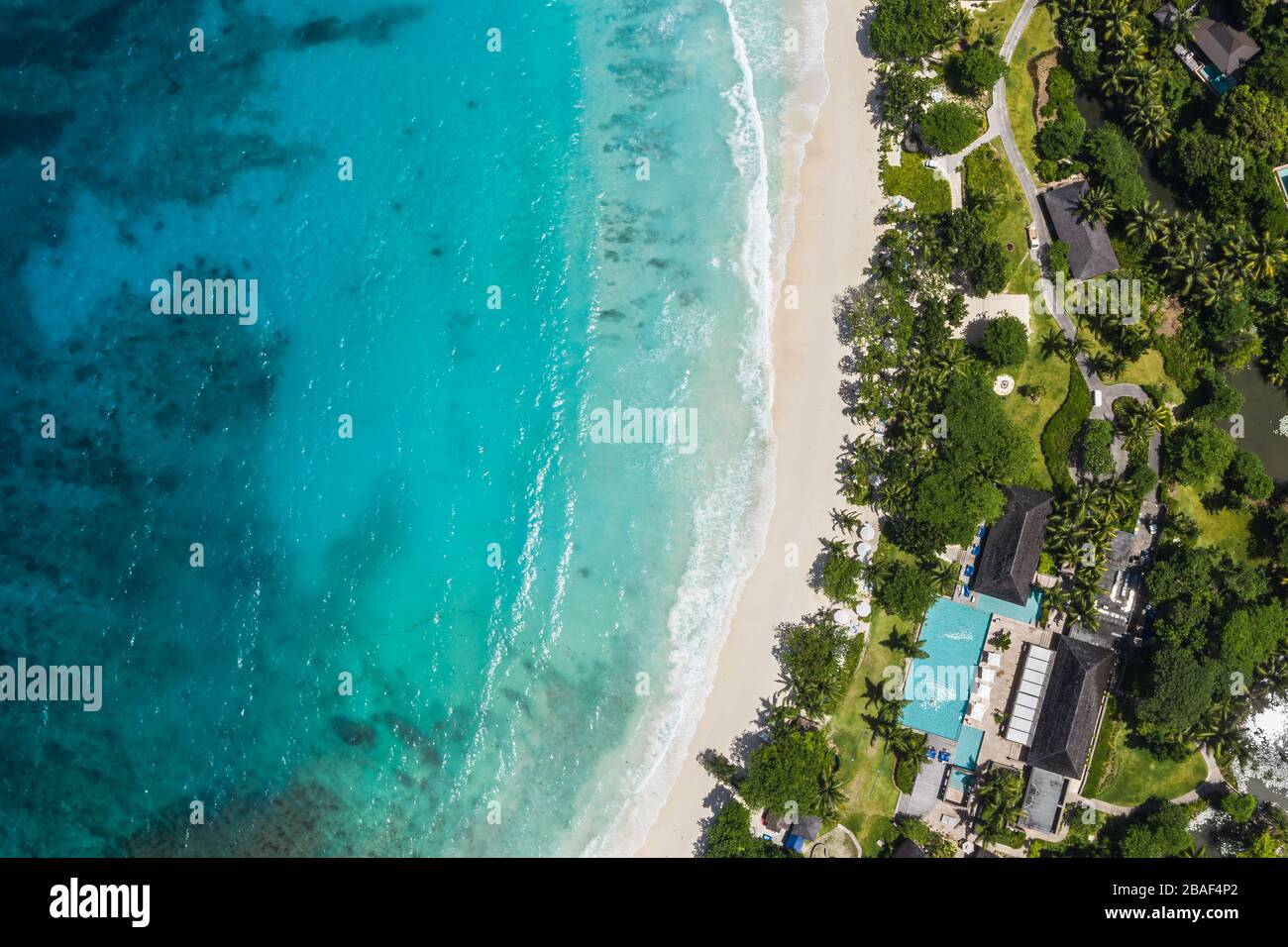 Seychelles Mahe Island drone beach view of Anse Petit Stock Photo