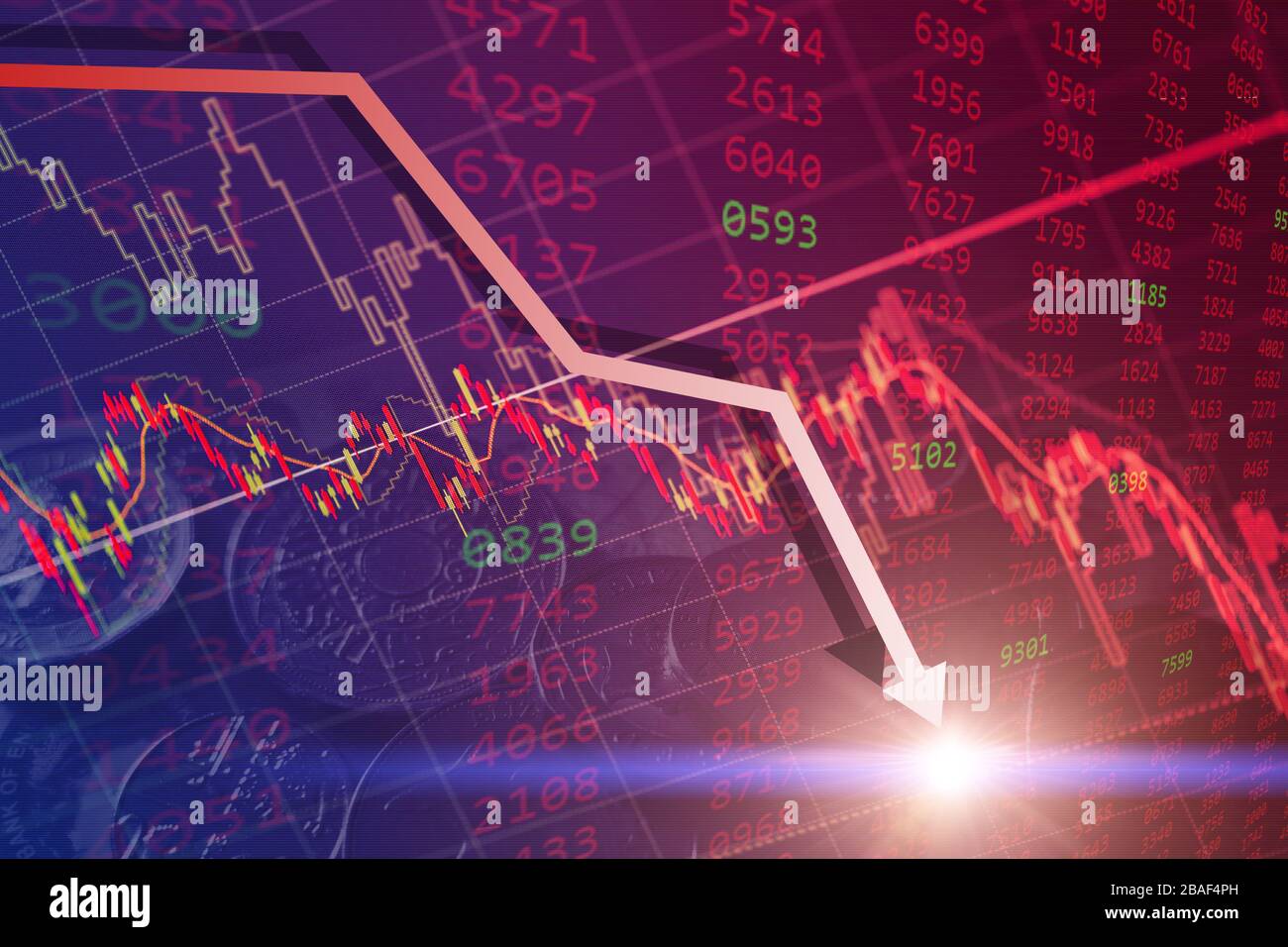 Bearish stock financial, bear market chart falling prices down turn from global economic and financial crisis. Stock Photo