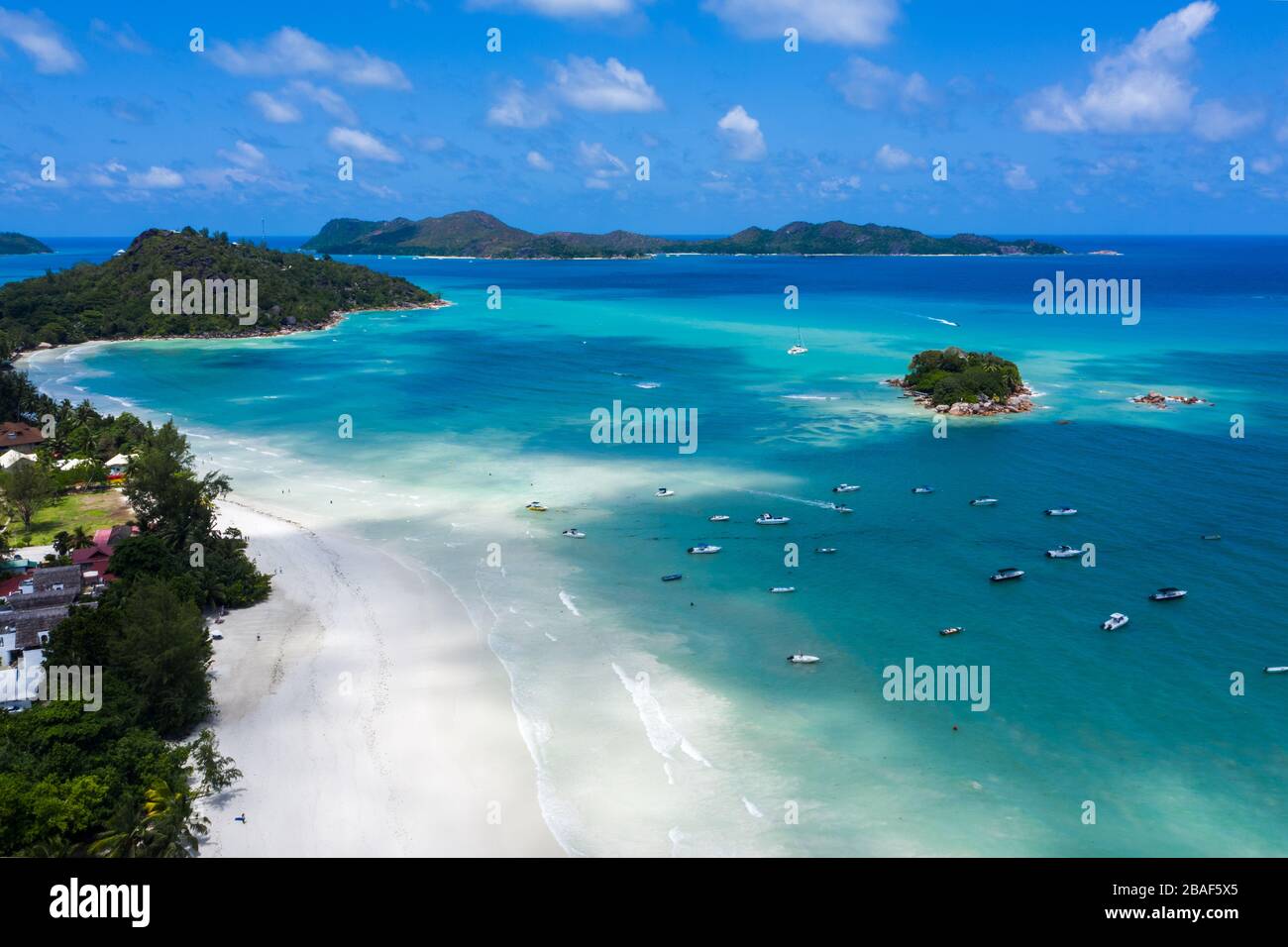 Anse Volbert aerial beach view Praslin Island Seychelles Stock Photo