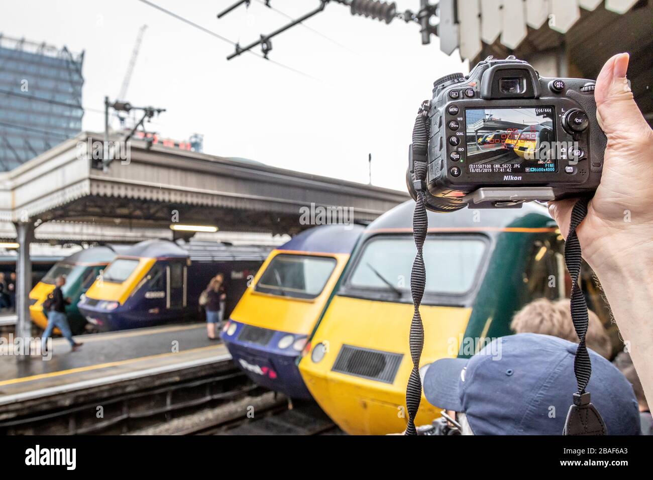 GWR Class 43 No. 430198, 43009, 43162 and 43188 wait at Paddington on the last day of HST operation on the Great Western Railway - May 18th 2019 Stock Photo