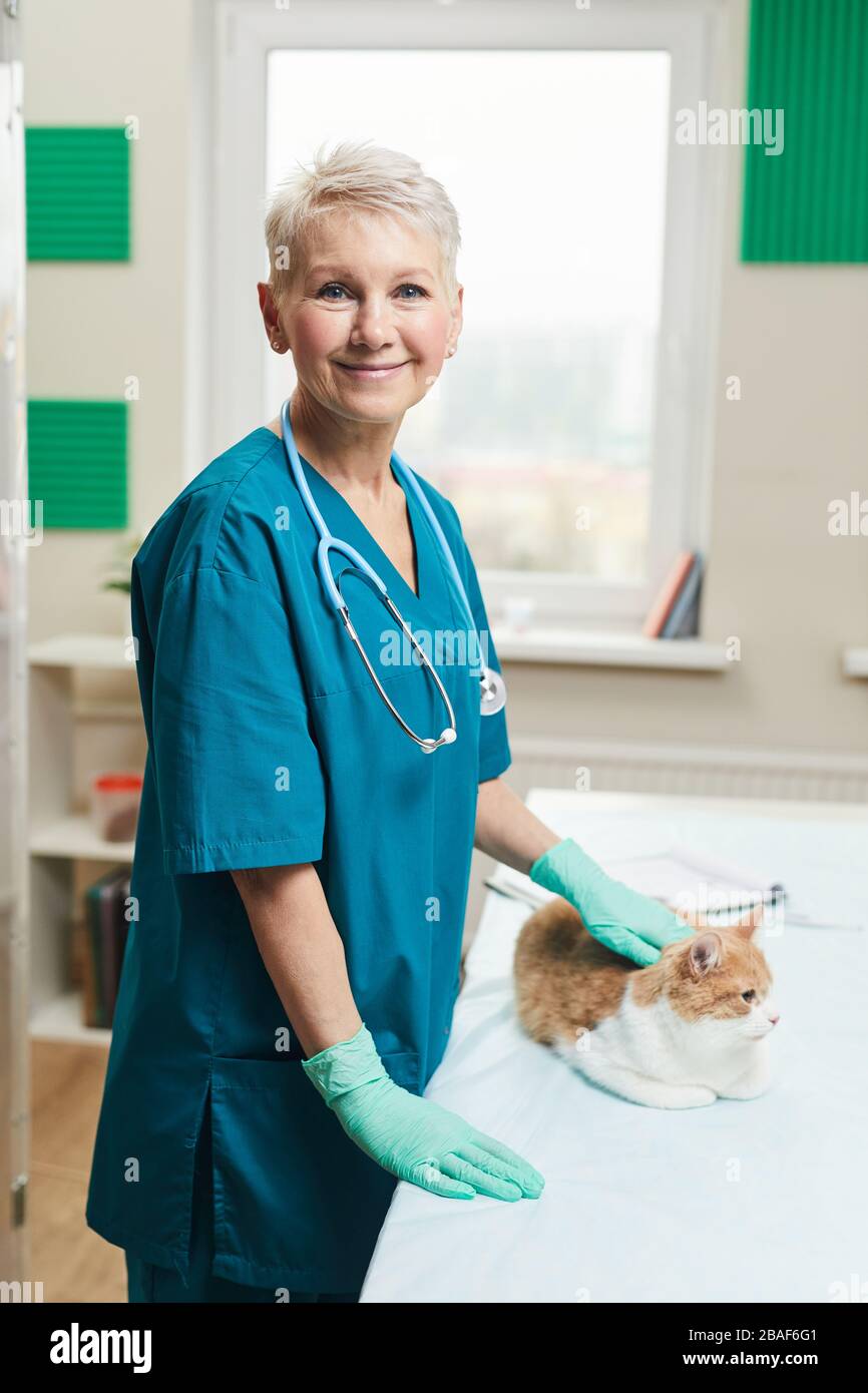 Portrait of mature woman in uniform smiling at camera while caring of cat in vet clinic Stock Photo