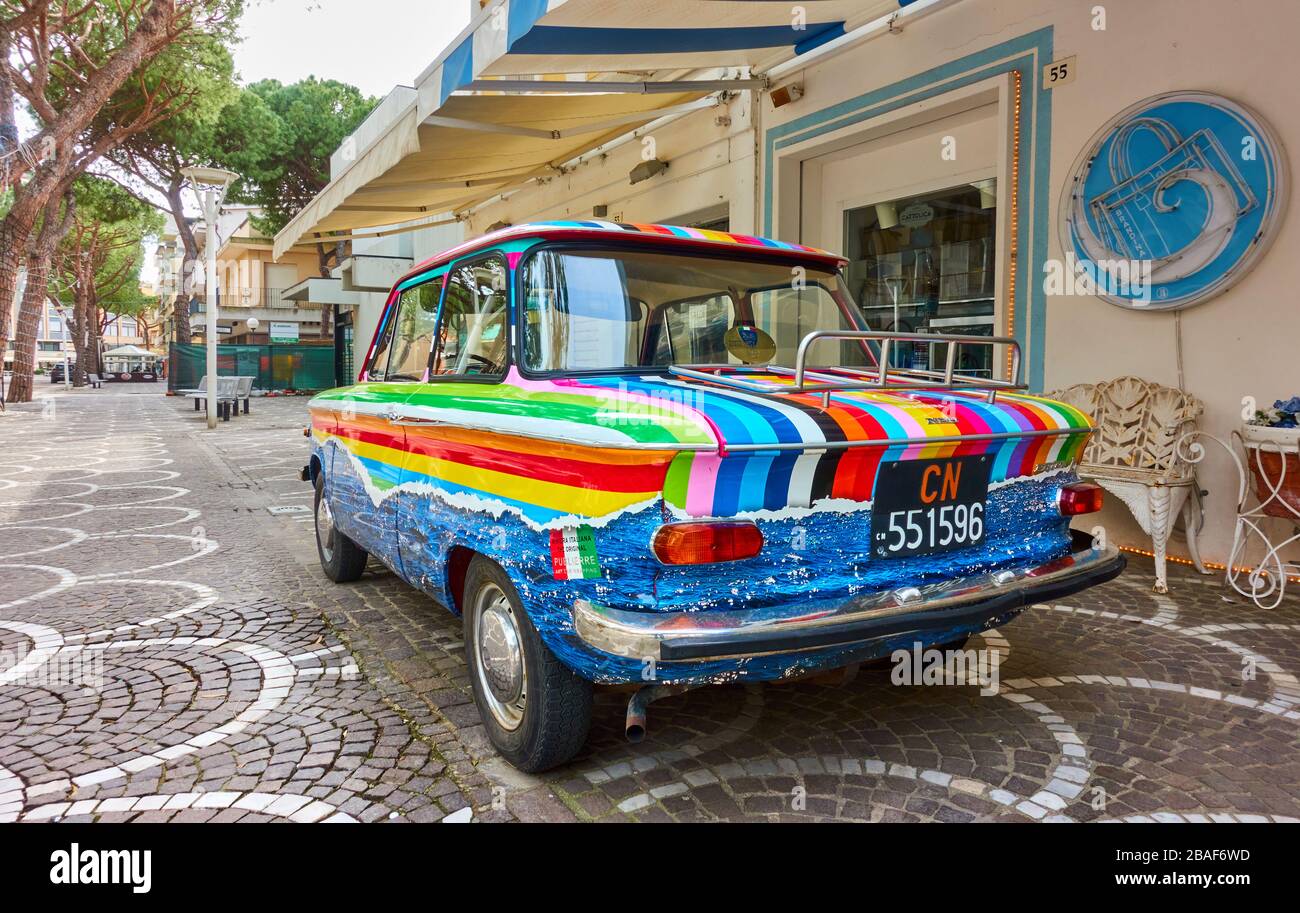 Cattollca, Rimini, Italy - February 29, 2020:  Colorful retro car NSU Prinz L parked next to Brandina store Stock Photo