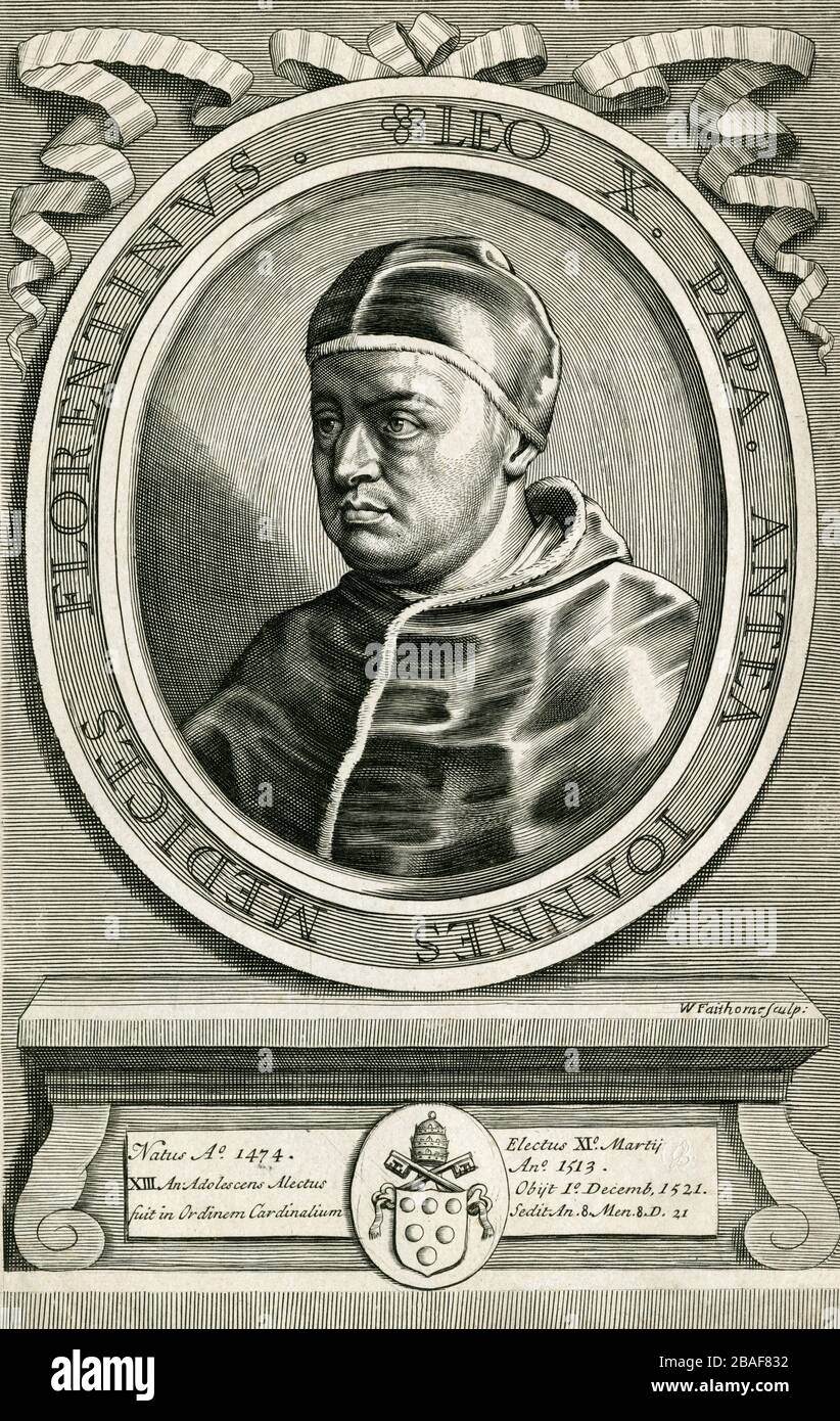 Renaissance Medici Pope, Leo X (1474-1521). Engraving created by William Faithorne the Elder (1620 - 1691) for Johan Sleidan's 'History of the Reformation', published in 1689. Stock Photo