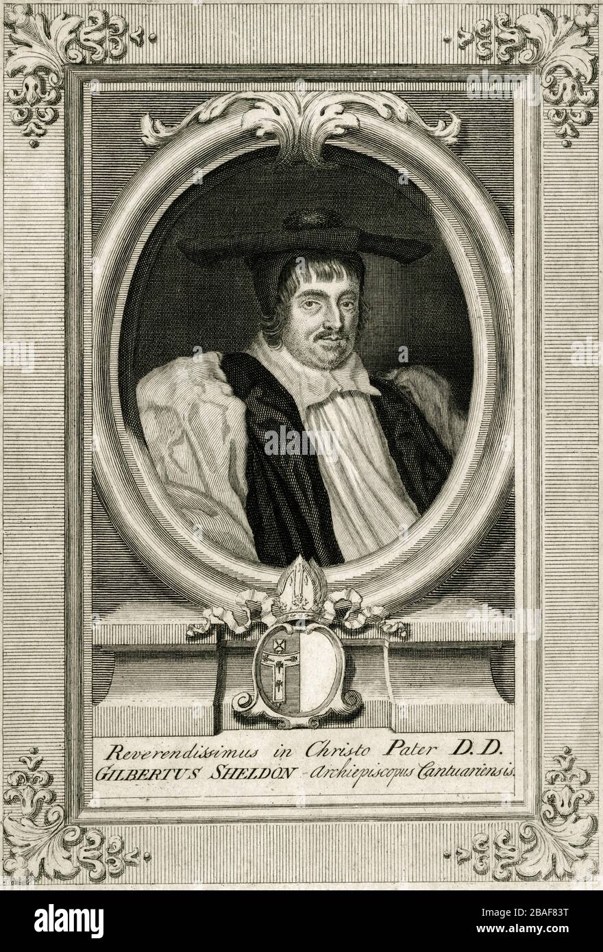 Gilbert Sheldon (1598-1677), a Royalist during the English Civil Wars who collected funds for exiled King Charles II.  After the restoration of the monarchy in 1660, Sheldon was consecrated Archbishop of Canterbury in 1663 and became Chancellor of Oxford University in 1667.  The Sheldonian theatre in Oxford was built and endowed at Sheldon's expense.  Engraving created in the 1700s by George Vertue (1683-1756), after a portrait by Sir Peter Lely (1618-1680). Stock Photo