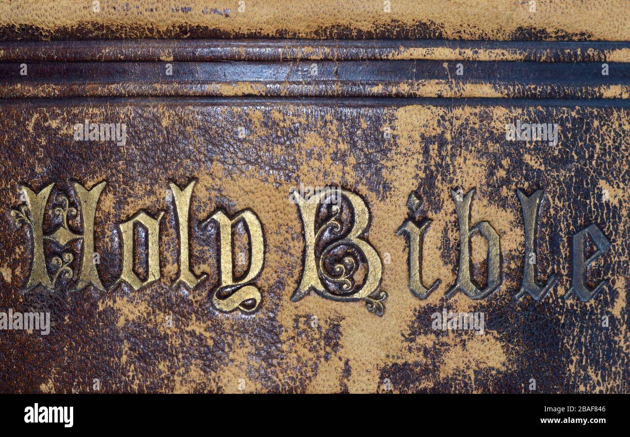 Antique Bible with Gold embossed lettering and burnished leather Stock