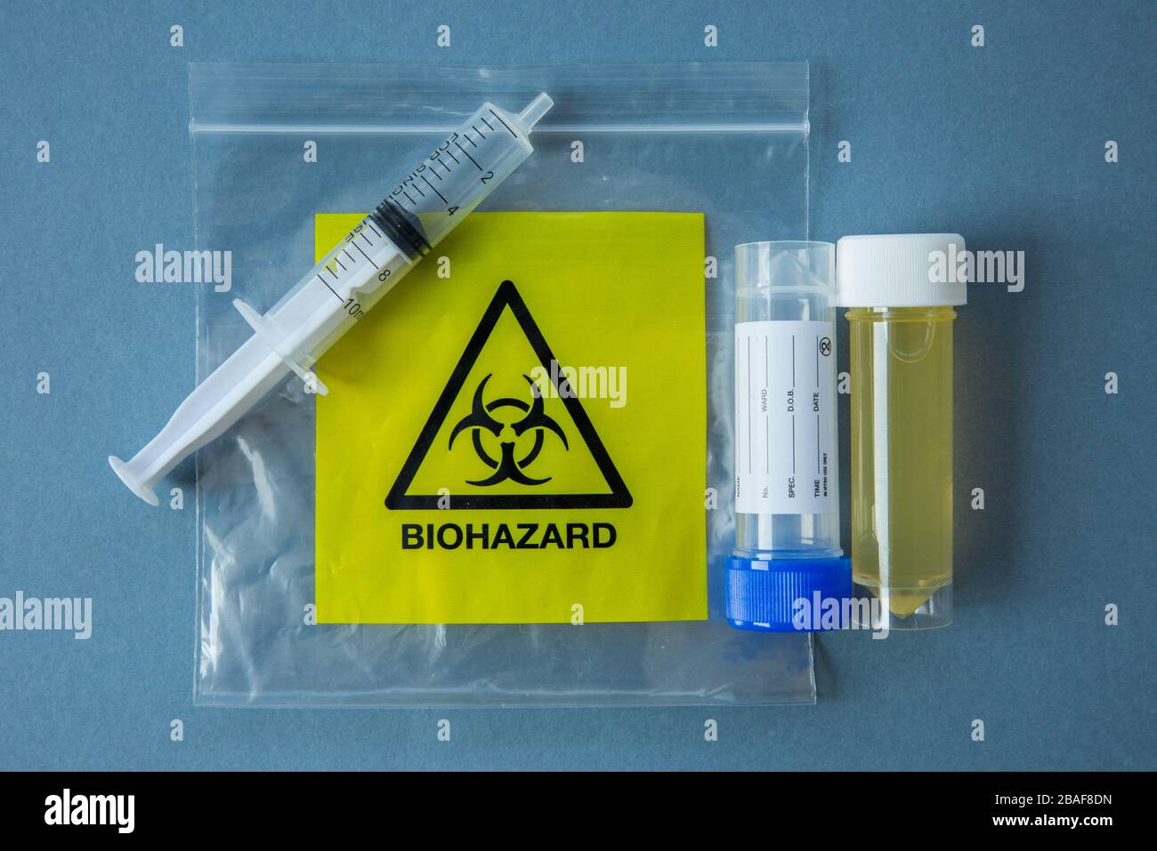A flat lay of Laboratory equipment from a Biohazard chemical Lab with copy space Stock Photo