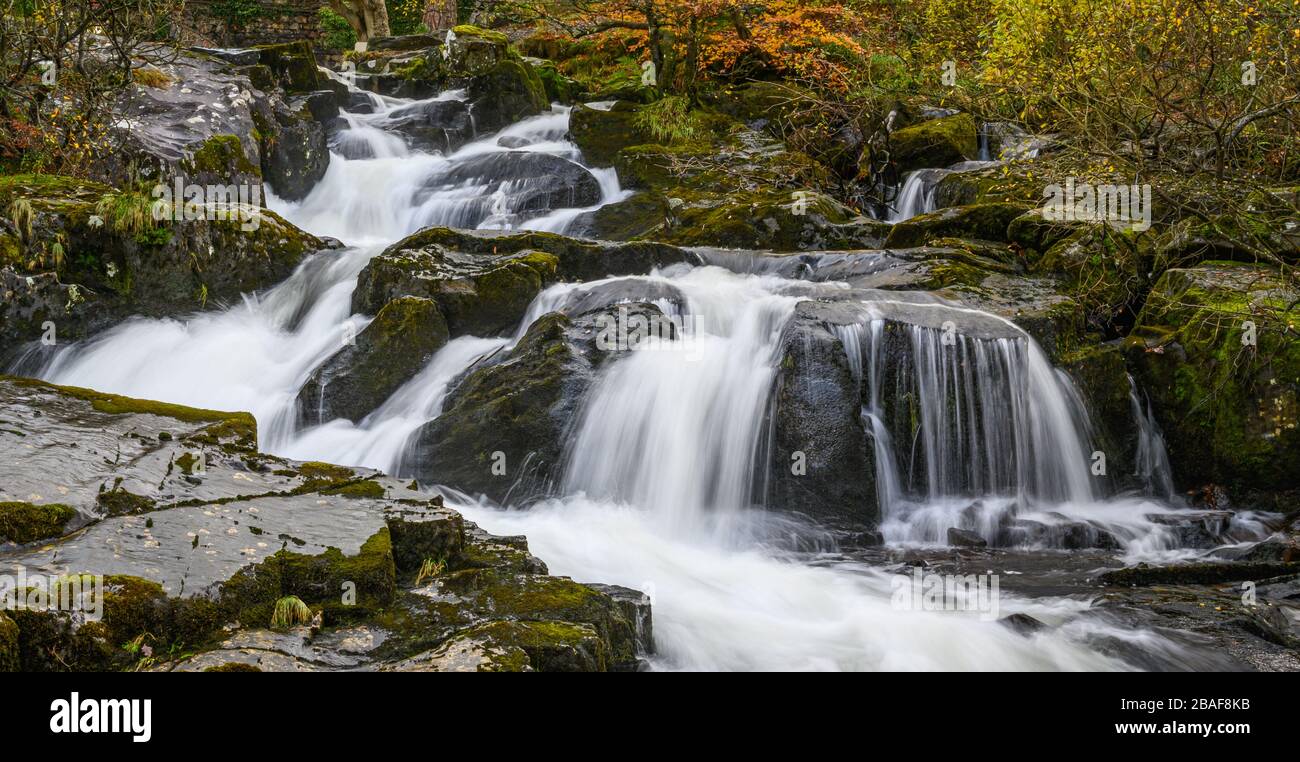 Panorama of waterfall on River Ogwen, North Wales showing white water ...