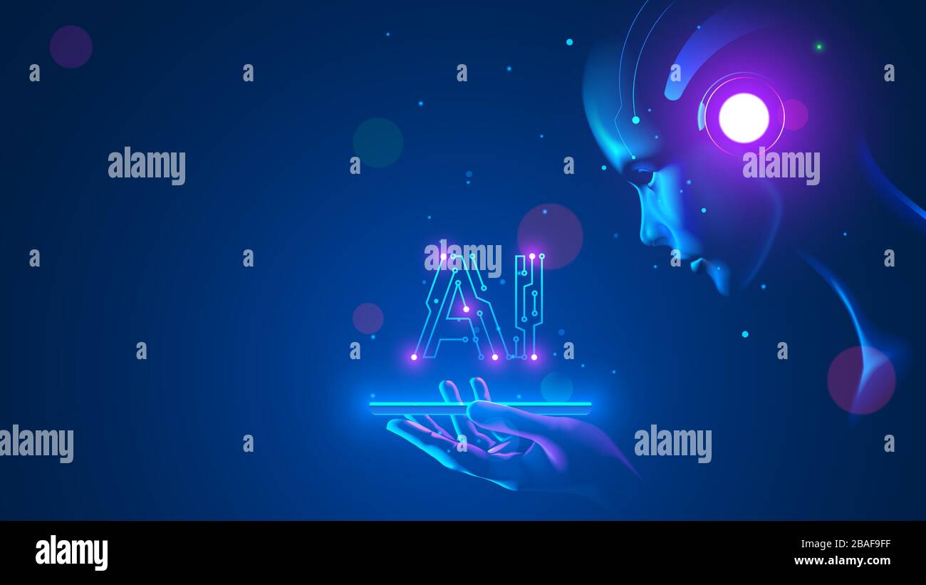 Cyborg woman look at logo AI hanging over phone. Abbreviation AI consists pcb elements. Artificial intelligence with beautiful face in blue virtual Stock Vector