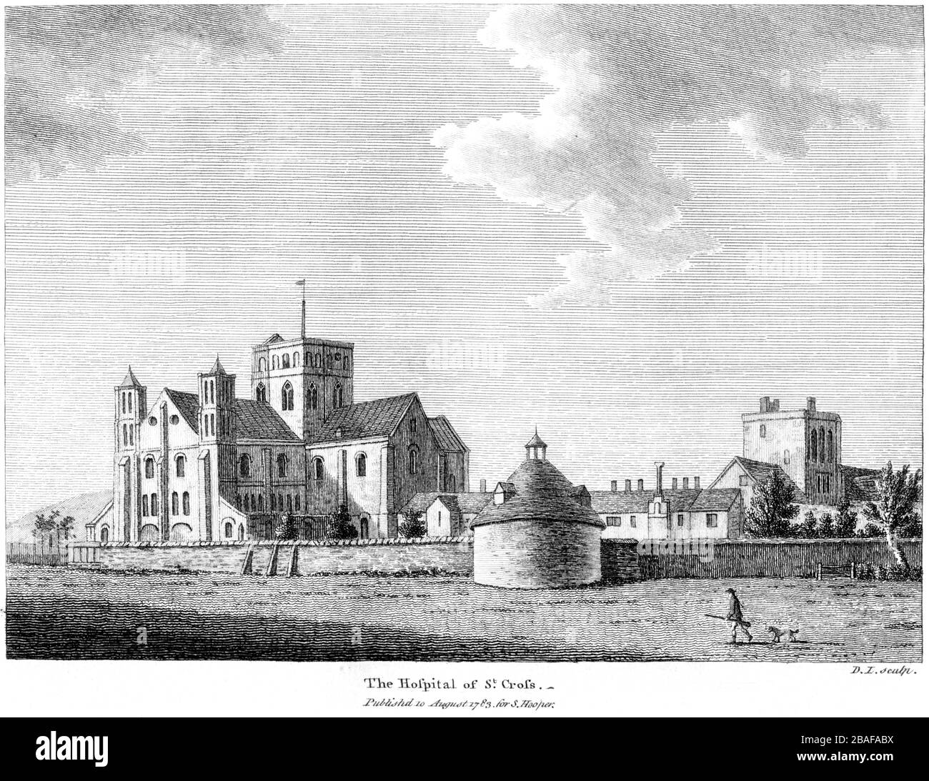 An engraving of The Hospital of St Cross 1783 (Winchester) scanned at high resolution from a book published around 1786. Believed copyright free. Stock Photo