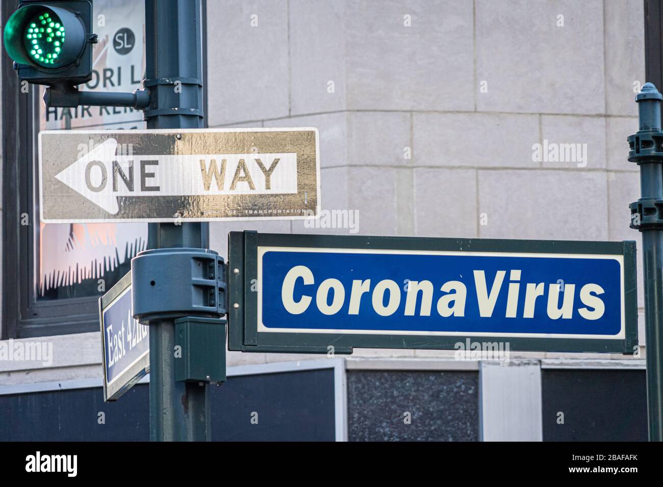 Street sign with coronavirus word in Midtown Manhattan Stock Photo
